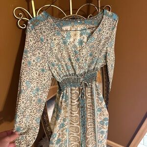 Bohemian Long Sleeve Maxi Dress in Cream and Blue